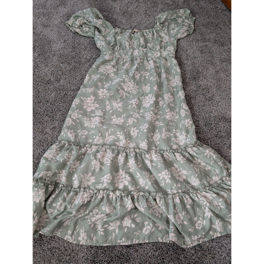 Indulge Sage Green Floral Smocked Puff Sleeve Tiered Midi Dress XL
